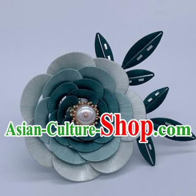 China Handmade Green Silk Camellia Hairpin Traditional Tang Dynasty Hanfu Hair Accessories Ancient Palace Lady Hair Stick