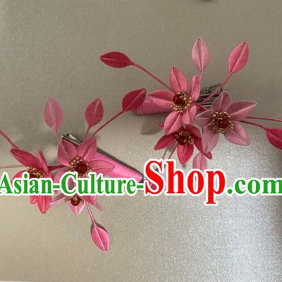China Handmade Pink Silk Flowers Hairpin Traditional Hanfu Hair Accessories Ancient Song Dynasty Young Lady Hair Claws