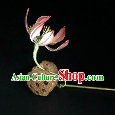 China Handmade Pink Silk Lotus Hairpin Traditional Hanfu Hair Accessories Ancient Song Dynasty Empress Hair Stick