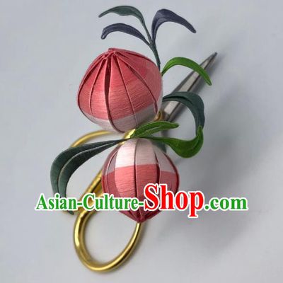 China Handmade Pink Silk Peach Hairpin Traditional Hanfu Hair Accessories Ancient Song Dynasty Young Lady Hair Stick