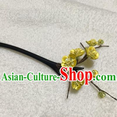 China Handmade Yellow Silk Plum Blossom Hairpin Traditional Hanfu Hair Accessories Ancient Swordswoman Ebony Hair Stick