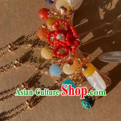 China Handmade Golden Tassel Hairpin Traditional Song Dynasty Hair Accessories Ancient Imperial Concubine Gems Hair Comb