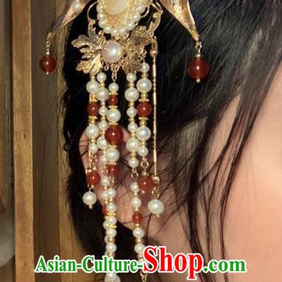 China Handmade Pearls Tassel Hairpin Traditional Ming Dynasty Hair Accessories Ancient Princess Golden Moth Hair Stick