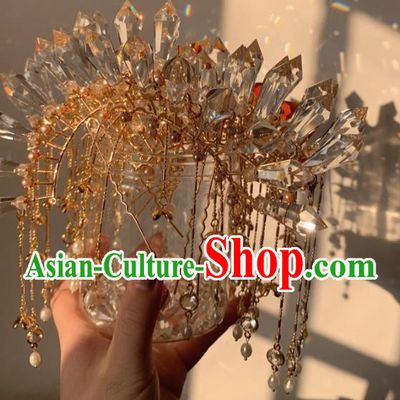 China Handmade Crystal Hairpin Traditional Tang Dynasty Hair Accessories Ancient Palace Lady Tassel Hair Crown
