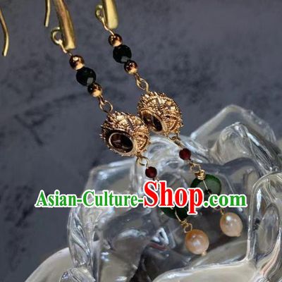 Chinese Ancient Princess Jadeite Earrings Handmade Traditional Ming Dynasty Pearl Ear Jewelry Accessories