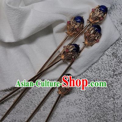 China Handmade Lapis Hairpin Traditional Tang Dynasty Hair Accessories Ancient Imperial Concubine Golden Hair Stick