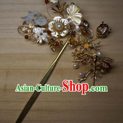 China Handmade Shell Goldfish Plum Hairpin Traditional Ming Dynasty Hair Accessories Ancient Empress Golden Dragonfly Hair Clip
