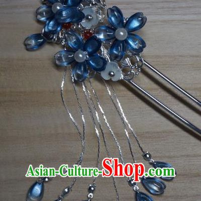 China Handmade Blue Sakura Tassel Hairpin Traditional Ming Dynasty Hair Accessories Ancient Young Lady Hair Clip
