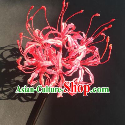 China Handmade Silk Red Manjusaka Hairpin Traditional Hanfu Headwear Ancient Tang Dynasty Palace Lady Hair Stick