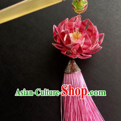 China Handmade Pink Silk Lotus Hairpin Traditional Hanfu Headpiece Ancient Tang Dynasty Court Beauty Tassel Hair Stick