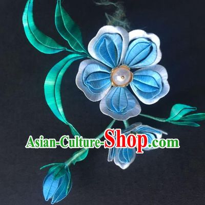 China Handmade Blue Silk Peach Blossom Hairpin Traditional Hanfu Headpiece Ancient Song Dynasty Young Lady Hair Stick