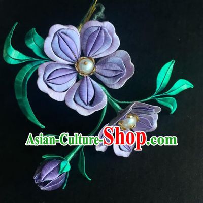 China Handmade Violet Silk Peach Blossom Hairpin Traditional Hanfu Headpiece Ancient Song Dynasty Princess Pearls Hair Stick