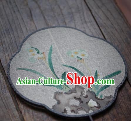 Chinese Handmade Kesi Daffodil Painting Silk Fan Traditional Hanfu Palace Fan Chinese Handmade Kesi Daffodil Painting Silk Fan Traditional Hanfu Palace Fan