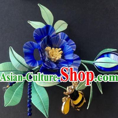 China Handmade Blue Flower Hairpin Traditional Qing Dynasty Hair Accessories Ancient Palace Lady Hair Stick