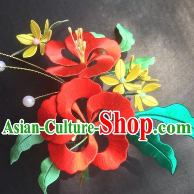 China Handmade Red Silk Hibiscus Hairpin Traditional Ming Dynasty Hair Accessories Ancient Young Beauty Hair Stick