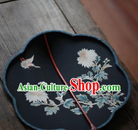 China Classical Navy Silk Palace Fan Traditional Hanfu Fan Handmade Embroidered Chrysanthemum Fan China Classical Navy Silk Palace Fan Traditional Hanfu Fan Handmade Embroidered Chrysanthemum Fan