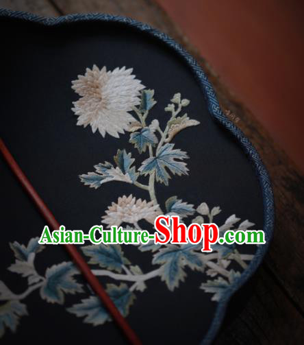 China Classical Navy Silk Palace Fan Traditional Hanfu Fan Handmade Embroidered Chrysanthemum Fan China Classical Navy Silk Palace Fan Traditional Hanfu Fan Handmade Embroidered Chrysanthemum Fan