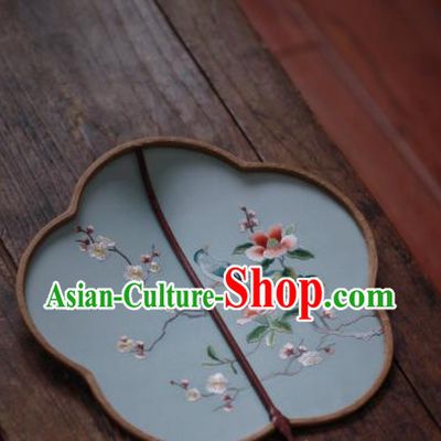 China Handmade Embroidered Plum Blossom Fan Classical Light Blue Silk Palace Fan Traditional Hanfu Fan