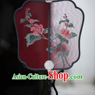 China Handmade Embroidered Hibiscus Fan Classical Red Silk Palace Fan Traditional Ming Dynasty Hanfu Fan