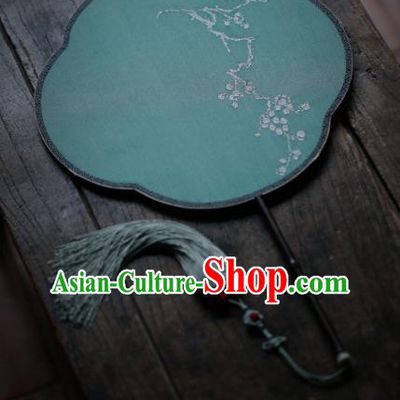 Chinese Handmade Kesi Plum Blossom Painting Pattern Green Silk Fan Traditional Palace Fan Ancient Princess Hanfu Fans