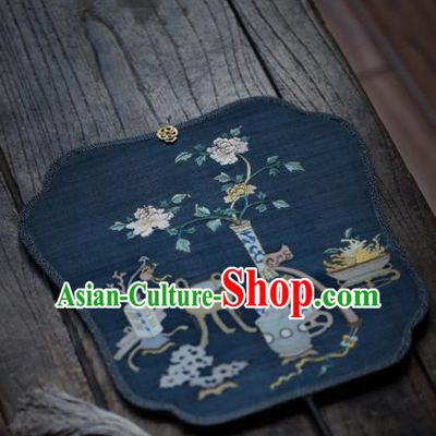 Chinese Ancient Princess Hanfu Fans Handmade Kesi Peony Vase Painting Pattern Navy Silk Fan Traditional Palace Fan