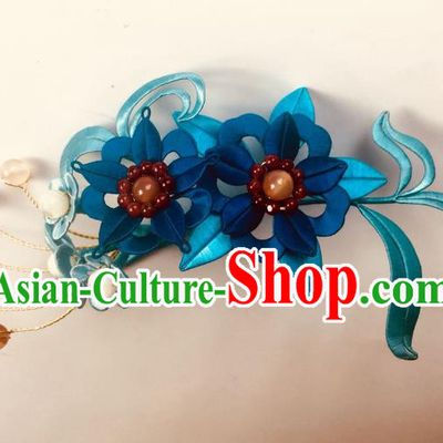 China Handmade Blue Silk Flowers Hairpin Traditional Ming Dynasty Hair Accessories Ancient Palace Lady Hair Stick