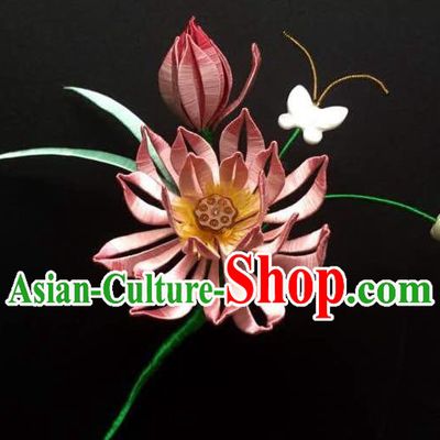 China Handmade Pink Silk Lotus Hairpin Traditional Hair Accessories Ancient Palace Princess Hair Stick