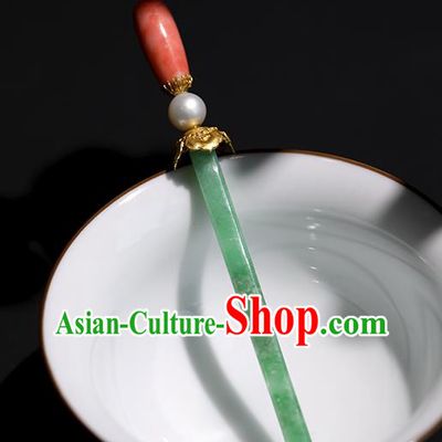 China Handmade Jadeite Hairpin Traditional Qing Dynasty Court Headpiece Ancient Imperial Concubine Hair Clip