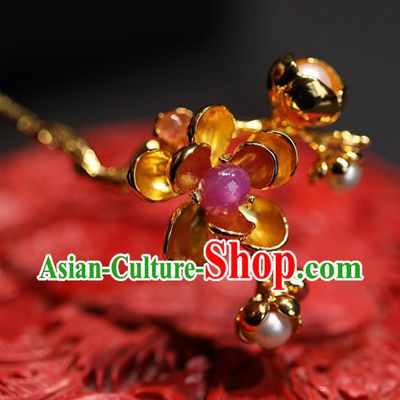 China Handmade Golden Plum Hairpin Traditional Qing Dynasty Court Headpiece Ancient Palace Lady Tourmaline Hair Clip