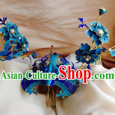 China Handmade Blue Peony Butterfly Hairpins Traditional Wedding Headdress Ancient Qing Dynasty Empress Hair Crown Complete Set