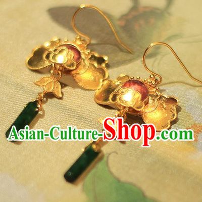 Chinese Traditional Cheongsam Ear Accessories National Jade Jewelry Handmade Golden Earrings