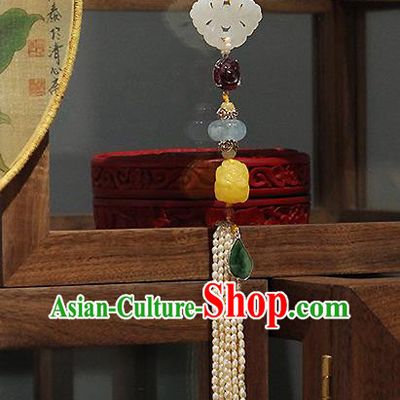 Chinese Traditional Pearls Tassel Pendant Ancient Qing Dynasty Court Woman Jade Brooch Accessories