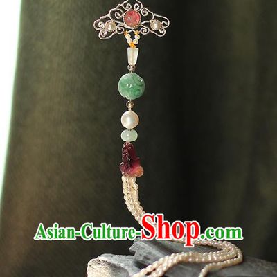 Chinese Ancient Qing Dynasty Court Woman Brooch Accessories Traditional Pearls Tassel Jade Pendant