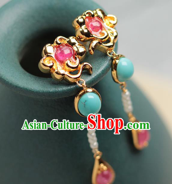 Chinese Traditional Cheongsam Golden Cloud Ear Accessories National Pearls Jewelry Handmade Tourmaline Earrings Chinese Traditional Cheongsam Golden Cloud Ear Accessories National Pearls Jewelry Handmade Tourmaline Earrings