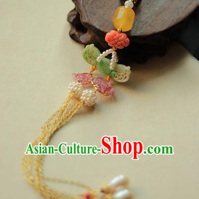 Chinese Traditional Cheongsam Jade Tassel Pendant Ancient Qing Dynasty Court Woman Pearls Brooch Accessories