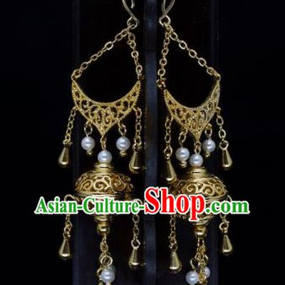Chinese Traditional Tang Dynasty Ear Accessories National Jewelry Handmade Ancient Imperial Concubine Golden Lantern Earrings