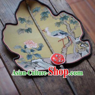 Chinese Traditional Palace Fan Ancient Qing Dynasty Imperial Concubine Fans Handmade Kesi Phoenix Peony Painting Pattern Yellow Silk Fan