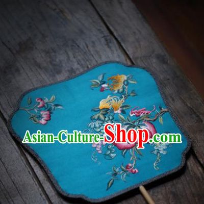 China Handmade Embroidered Peach Fan Classical Blue Silk Palace Fan Traditional Song Dynasty Hanfu Fan