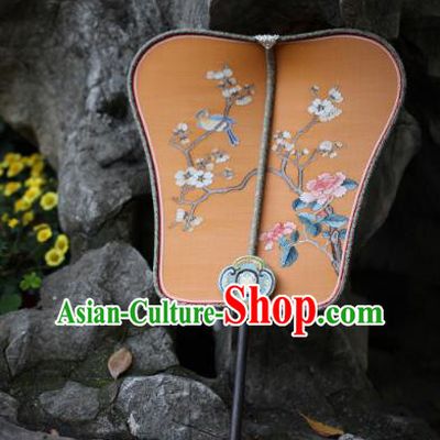 Chinese Handmade Kesi Plum Blossom Painting Yellow Silk Fan Traditional Palace Fan Ancient Ming Dynasty Hanfu Fans