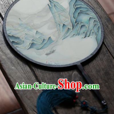 Chinese Ancient Ming Dynasty Hanfu Fans Handmade Painting Landscape Silk Circular Fan Traditional Palace Fan