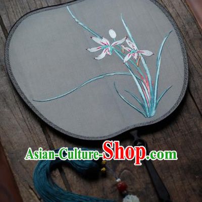 China Traditional Song Dynasty Hanfu Fan Handmade Embroidered Orchids Silk Fan Classical Palace Fan