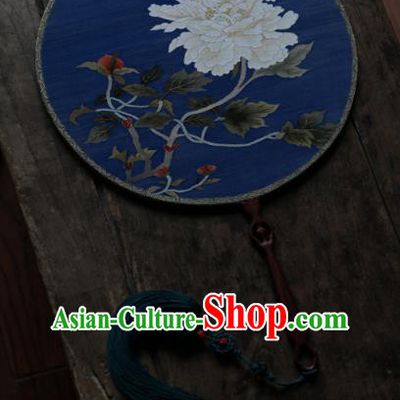 Chinese Traditional Palace Fan Ancient Hanfu Fans Handmade Kesi Peony Painting Blue Silk Circular Fan