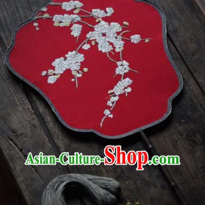 China Classical Red Silk Palace Fan Traditional Hanfu Fan Handmade Embroidered Apricot Blossom Fan