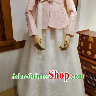 Korean Wedding Hanbok Clothing Asian Korea Bride Pink Blouse and White Dress Garments Traditional Fashion