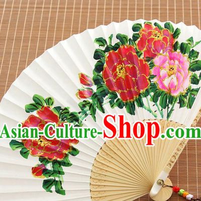 Handmade Chinese Bamboo Folding Fan Traditional Painting Peony Fan