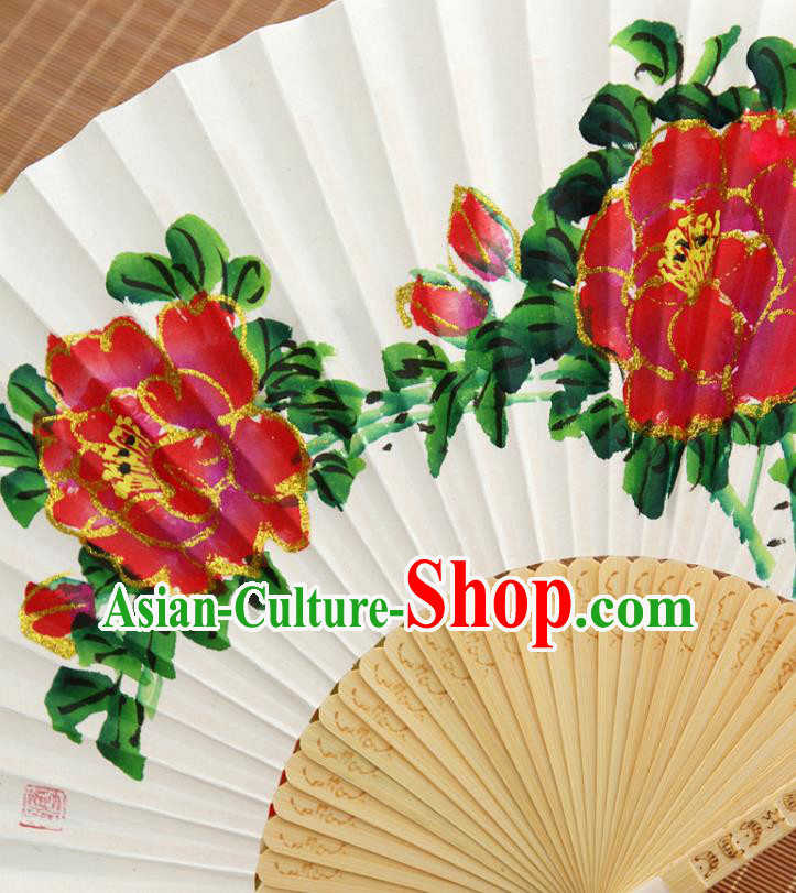 Handmade Chinese Bamboo Folding Fan Traditional Painting Peony Fan Handmade Chinese Bamboo Folding Fan Traditional Painting Peony Fan