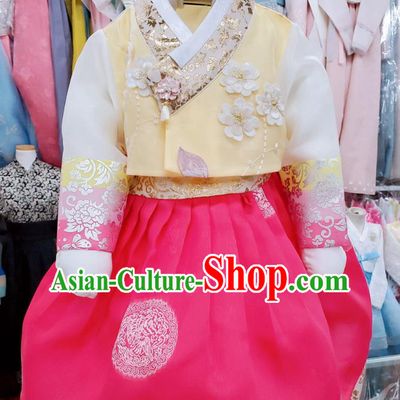Korean Traditional Children Garments Fashion Stage Hanbok Clothing Asian Korea Girl Yellow Blouse and Rosy Dress