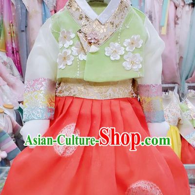 Asian Korea Girl Green Blouse and Red Dress Traditional Children Garments Fashion Korean Stage Hanbok Clothing