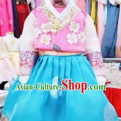 Korean Stage Hanbok Clothing Asian Korea Girl Rosy Blouse and Blue Dress Traditional Children Garments Fashion