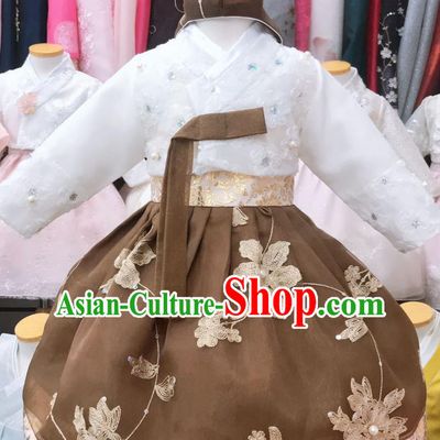 Asian Korea Traditional Festival Hanbok Clothing Girl White Blouse and Brown Dress Korean Children Garments Fashion